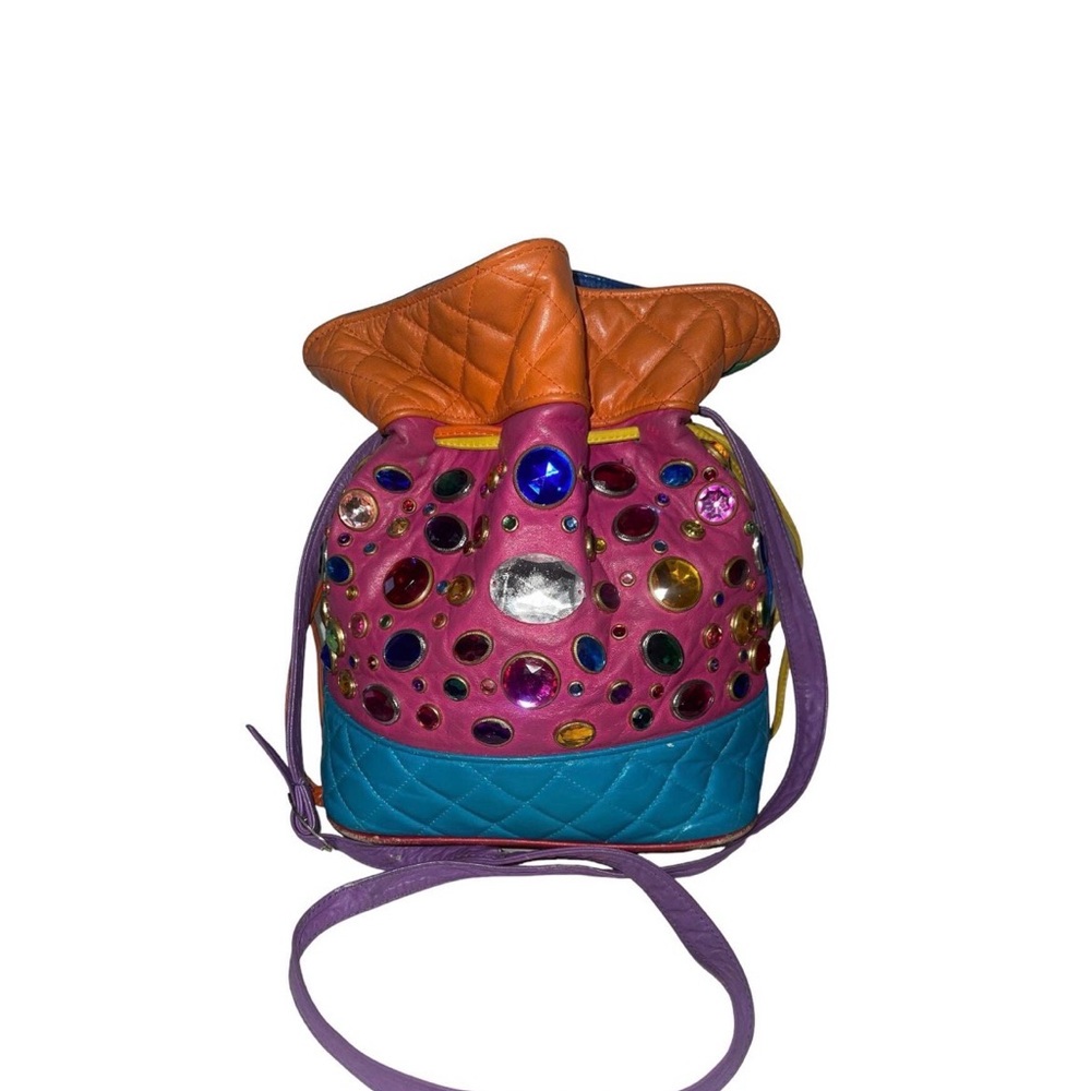 Vintage 80s 90s Leather  Gem-Embellished Bucket Crossbody Bag - Pink Multicolor